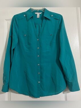 (EUC)White House Black Market Teal/Blue Button-Front Utility Blouse Size 8